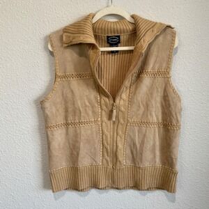 VTG‎ Designers Studio Originals Tan Leather Front Knit Zip Sweater Vest Large